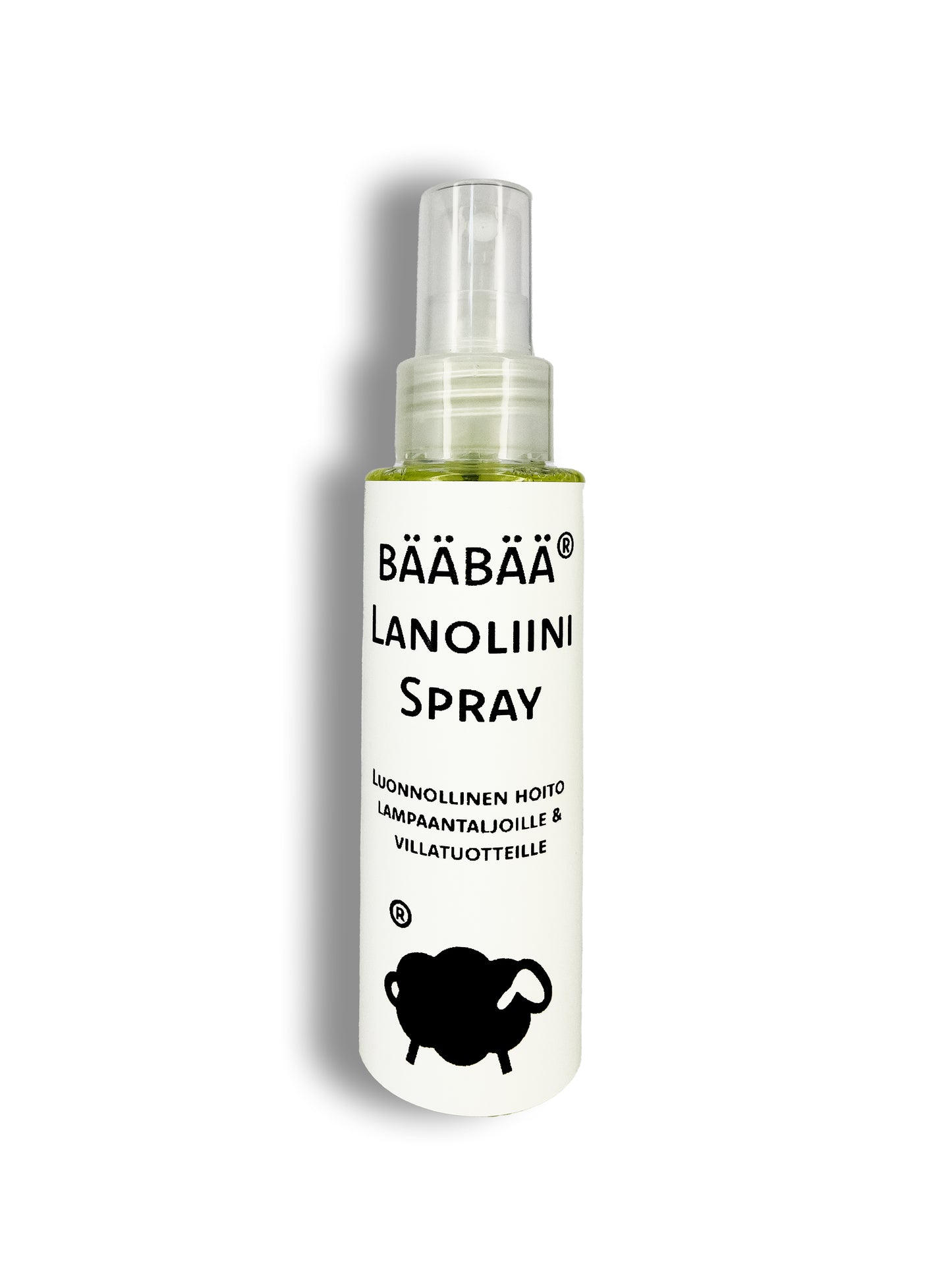 BääBää Lanoliini Spray – luonnollinen hoitoaine lampaantaljoille ja villavaatteille. Saatavilla BääBää-verkkokaupasta.